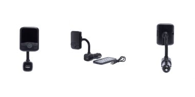 İzole edilmiş bir arkaplanda siyah FM vericisi.