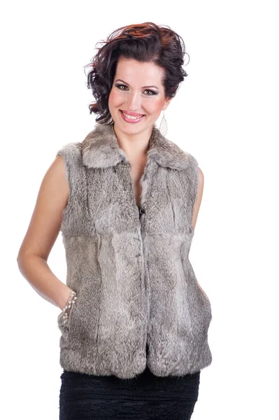 Giovane Bella Donna Gilet Pelliccia Sfondo Isolato — Foto Stock