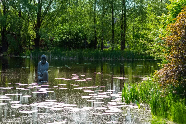 Статуя Монаха Каменю Озері Природі Радомишль Україна — стокове фото
