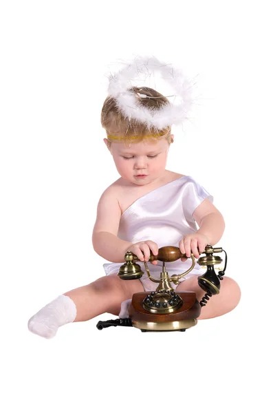 Christmas angel, small child with phone — Stock Photo, Image