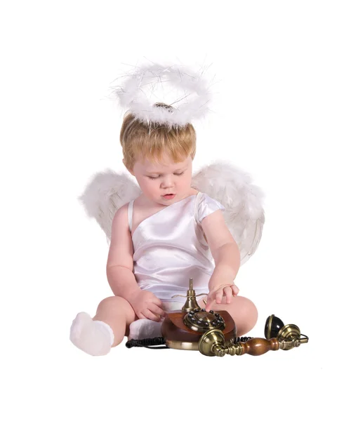 Christmas angel, small child with phone — Stock Photo, Image