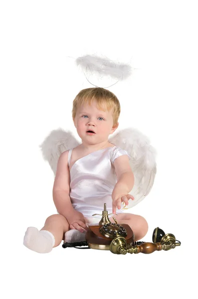 Christmas angel, small child with phone — Stock Photo, Image