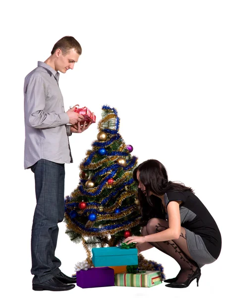 Homens e mulheres decora a árvore de Natal Fotografia De Stock