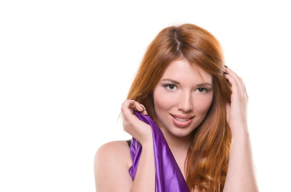Red-haired girl in a purple dress — Stock Photo, Image