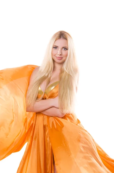 Ragazza bionda in abito volante arancione — Foto Stock