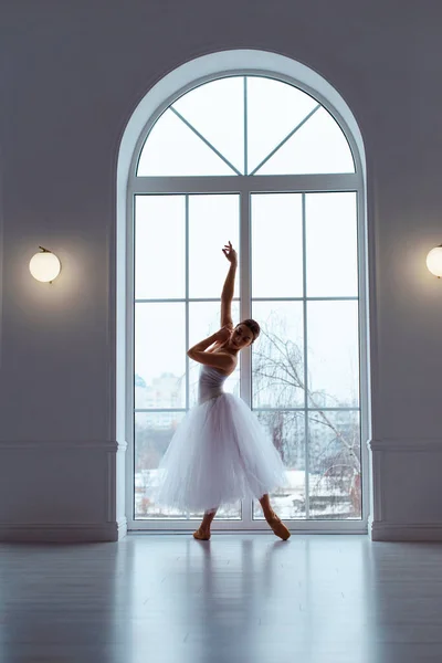 Bailarina Saia Tule Branco Longo Quarto Escuro Contra Pano Fundo — Fotografia de Stock