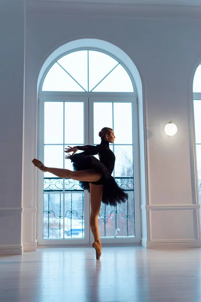 Silhouette Ballerina Black Leotard Tutu Skirt Background Large Window Pose — Stock Photo, Image
