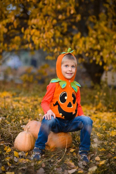 Portrét Chlapce Halloweenském Kostýmu Oranžovými Dýněmi Podzimně Žlutém Parku Padajícími — Stock fotografie