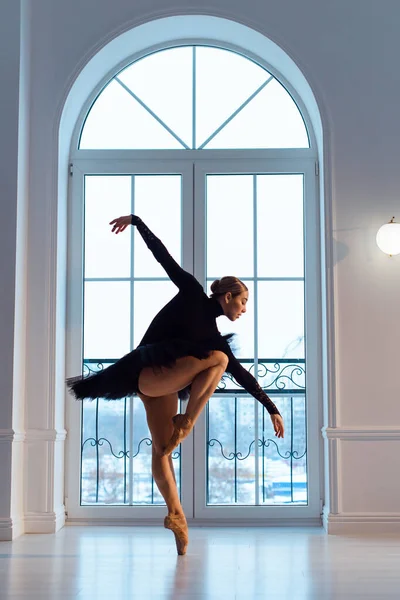 Hermosa Bailarina Maillot Negro Falda Tutú Sobre Fondo Gran Ventana —  Fotos de Stock