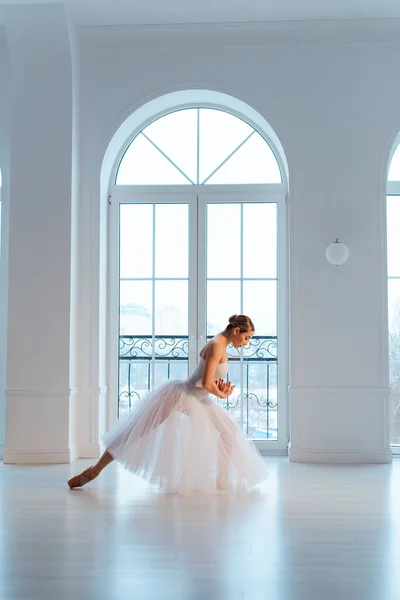 slender ballerina in long white tulle skirt, crouching in bow pose, against backdrop of huge window