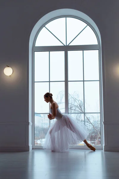 slender ballerina in long white tulle skirt, crouching in bow pose, against backdrop of huge window