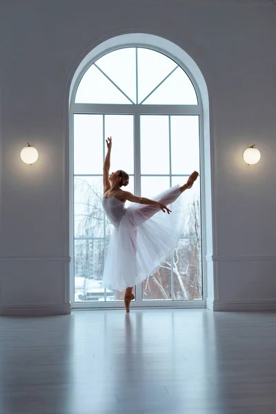Smukła Balerina Długiej Białej Spódnicy Tiulu Kucąca Pozycji Dziobowej Tle — Zdjęcie stockowe
