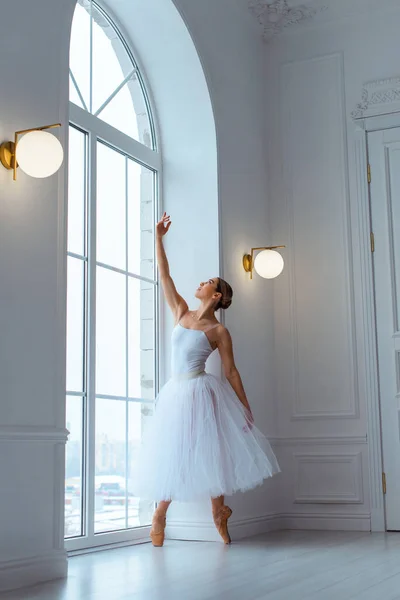 Ballerina Long White Tulle Skirt Room Backdrop Large Window Pose — Stock Photo, Image