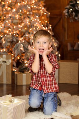 Kırmızı ekose gömlekli sarışın bir çocuğun portresi, yüzünü ellerinde tutuyor, ve sevinç ve şaşkınlıkla gülüyor, bir Noel ağacı çelenginden parlayan bir bokeh 'in arka planına karşı