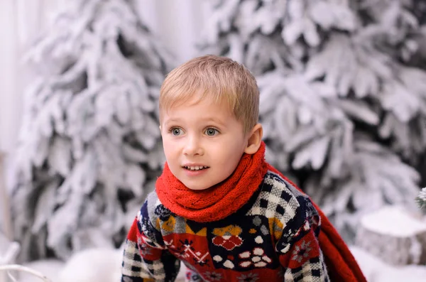 Sarı Saçlı Süveter Kırmızı Eşarplı Gülümseyen Küçük Bir Çocuğun Portresi — Stok fotoğraf