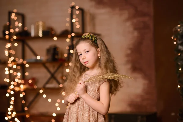 Şenlik Elbiseli Dalgalı Saçlı Güzel Bir Kız Elinde Altın Süslemeli — Stok fotoğraf