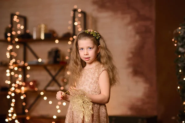 Beautiful Girl Festive Dress Flowing Hair Holds Golden Decorative Twig — Stock Photo, Image