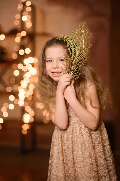 Beautiful Girl Festive Dress Flowing Hair Peeks Out Golden Decorative — Stock Photo, Image