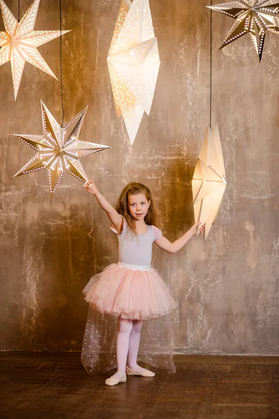 Little Girl Dressed Ballerina Stands Flowing Hair Wooden Floor Background — Stock Photo, Image