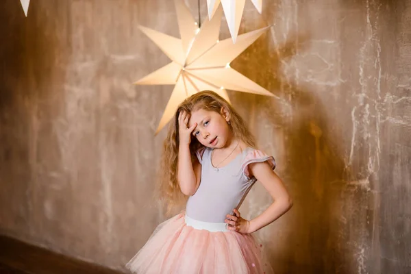 Little Girl Dreams Clothes Ballerina Flowing Hair Backdrop Loft Wall — Stock Photo, Image