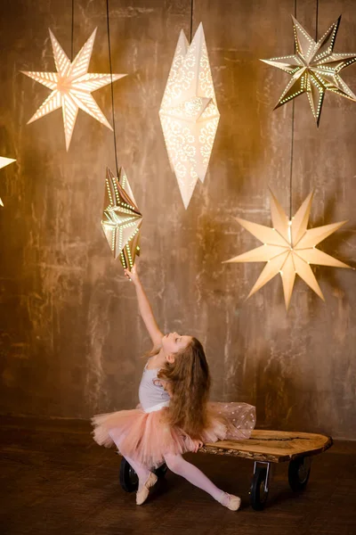 Little Girl Princess Dress Ballerina Backdrop Loft Wall Luminous Stars — Stock Photo, Image