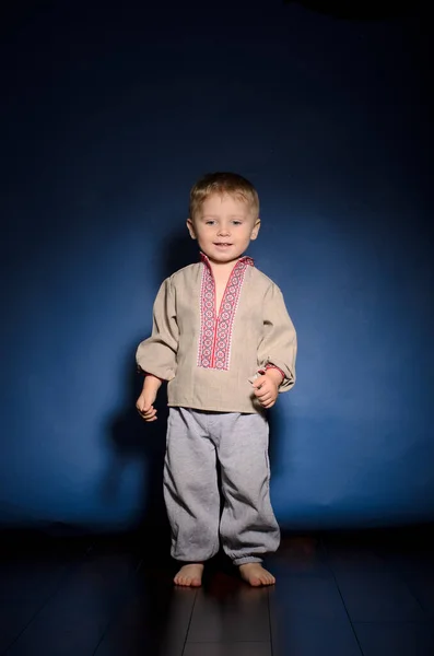 Porträtt Stilig Liten Pojke Ukrainska Nationella Kläder Vyshyvanka Fotostudio Vanlig — Stockfoto