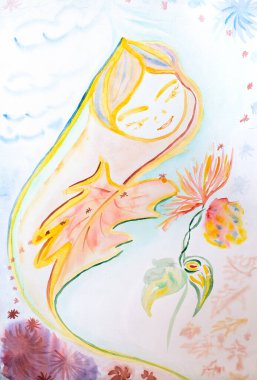 Suluboya resim, sembolizm. Kapalı yüz, sonbahar teması, sarı yapraklar ve çiçekler.