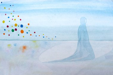 Suluboya resim, sembolizm. Mavi pelerinli bir siluet, Ned 'in arka planına karşı buzda ya da suda yürür. Renkli balonlar uçuyor