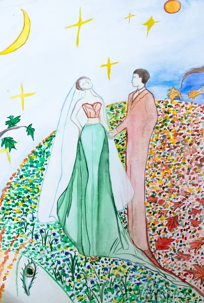 Suluboya resim, sembolizm. Çift el ele tutuşuyor. Düğün peçeli bir kız. Bahar ve sonbahar