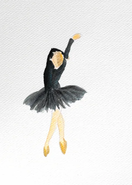 芭蕾舞演员穿着黑色衣服 双手高举地站在那里 水彩画不是孤立的 你可以看到水彩纸的质地 — 图库照片