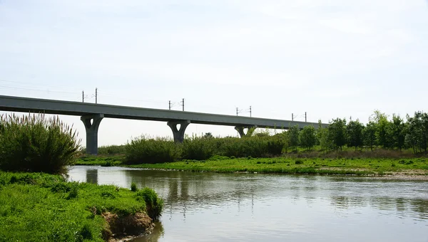 Eisenbahnbrücke über den Fluss llobregat im Delta des llobregat — Stockfoto