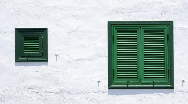Arkitektoniska detaljer, dörr och fönster med gröna fönsterluckor för bakgrunder och texturer — Stockfoto