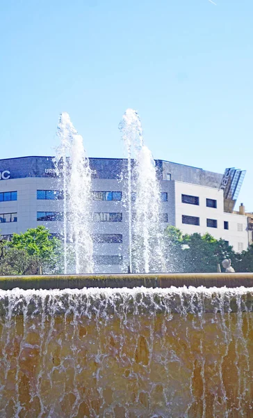 Panorama Med Fontäner Plaza Catalunya Barcelona Catalunya Spanien Europa — Stockfoto