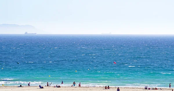 Panorama Över Stranden Tarifa Med Kitesurfing Drakar Cadiz Spanien Europa — Stockfoto