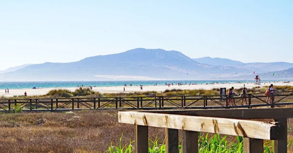 Blick Auf Den Strand Von Tarifa Mit Kitesurfdrachen Cadiz Spanien — Stockfoto