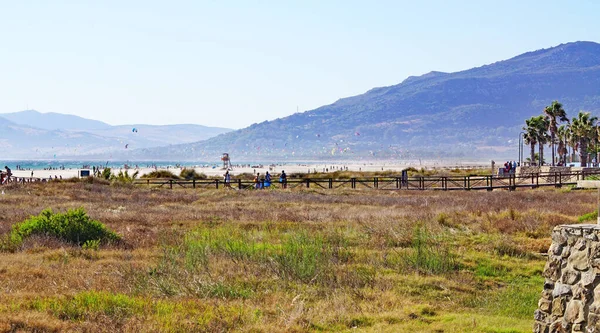 Panorama Plaży Tarifa Latawcami Kitesurfingowymi Kadyks Hiszpania Europa — Zdjęcie stockowe