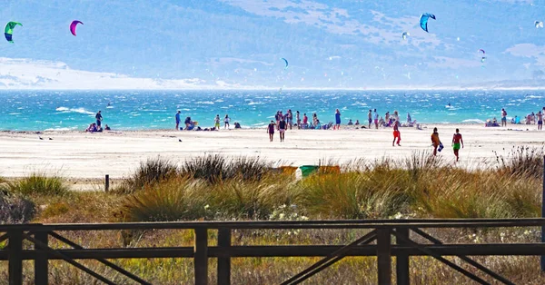 Blick Auf Den Strand Von Tarifa Mit Kitesurfdrachen Cadiz Spanien — Stockfoto