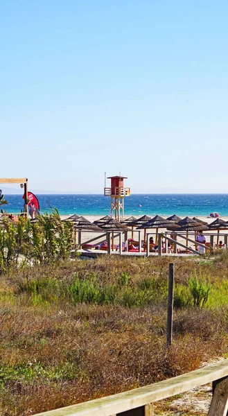 Panorâmica Praia Tarifa Com Kitesurf Pipas Cádiz Espanha Europa — Fotografia de Stock