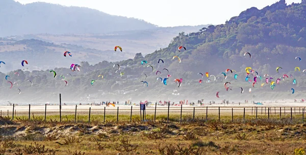 Panoráma Strand Tarifa Kitesurfing Sárkányok Cadiz Spanyolország Európa — Stock Fotó