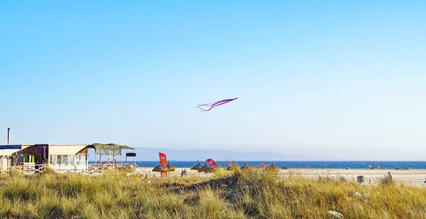 Blick Auf Den Strand Von Tarifa Mit Kitesurfdrachen Cadiz Spanien — Stockfoto