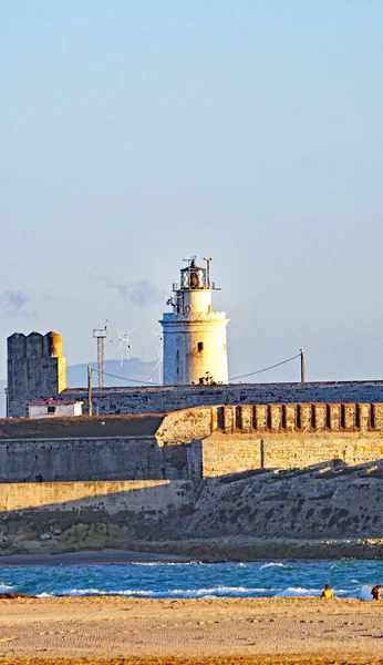 Blick Auf Den Strand Von Tarifa Mit Kitesurfdrachen Cadiz Spanien — Stockfoto