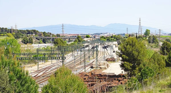 Opslag Van Dwarsliggers Voor Spoorlijnen Cerdanyola Del Valls Barcelona Catalunya — Stockfoto