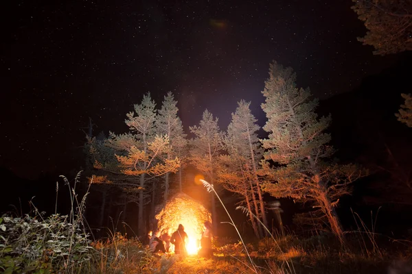 Turistas cerca de un fuego bajo las estrellas —  Fotos de Stock