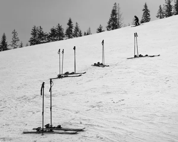Alpineskiën op de met sneeuw bedekte hellingen Rechtenvrije Stockfoto's