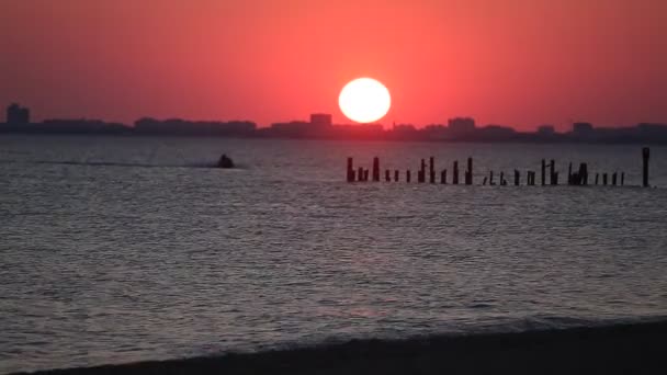 Montar un scooter de agua en el mar al atardecer — Vídeo de stock