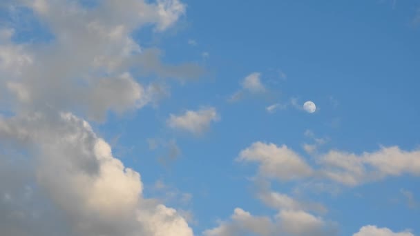 Luna Nel Cielo Blu Con Nuvole Bianche Galleggianti Suono Naturale — Video Stock