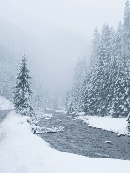 Nebbia Serale Scende Nella Valle Sullo Sfondo Fiume Montagna — Foto Stock