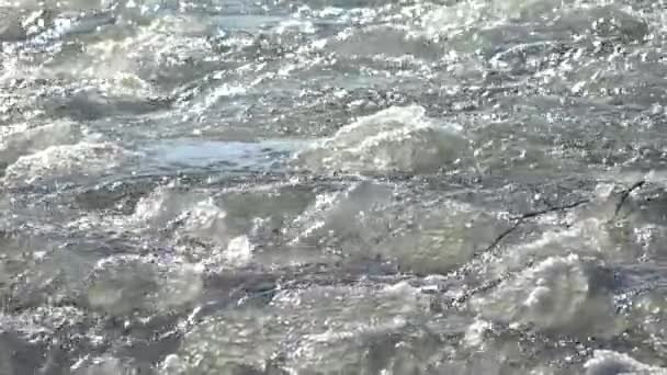 Замедление Зима Красивая Горная Река Бежит Камням Весна Камни Снегу — стоковое видео