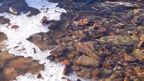 Ralenti Hiver Rivière Montagne Coule Mouvement Eau Fonte Glace Modèles — Video