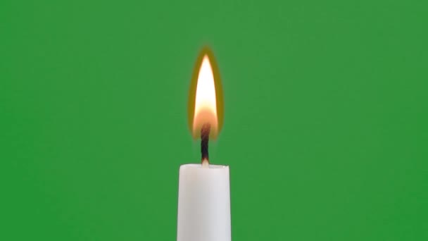 白色的蜡烛在绿色的背景上点燃 然后熄灭了 — 图库视频影像